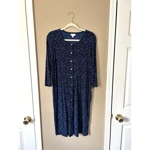 J. Jill Wearever Women Dress Size L Blue Floral Stretch Button Midi Cottage